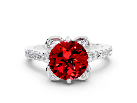 White gold Round Cut Ruby Ring with Pavé Band and Floral Prong Setting