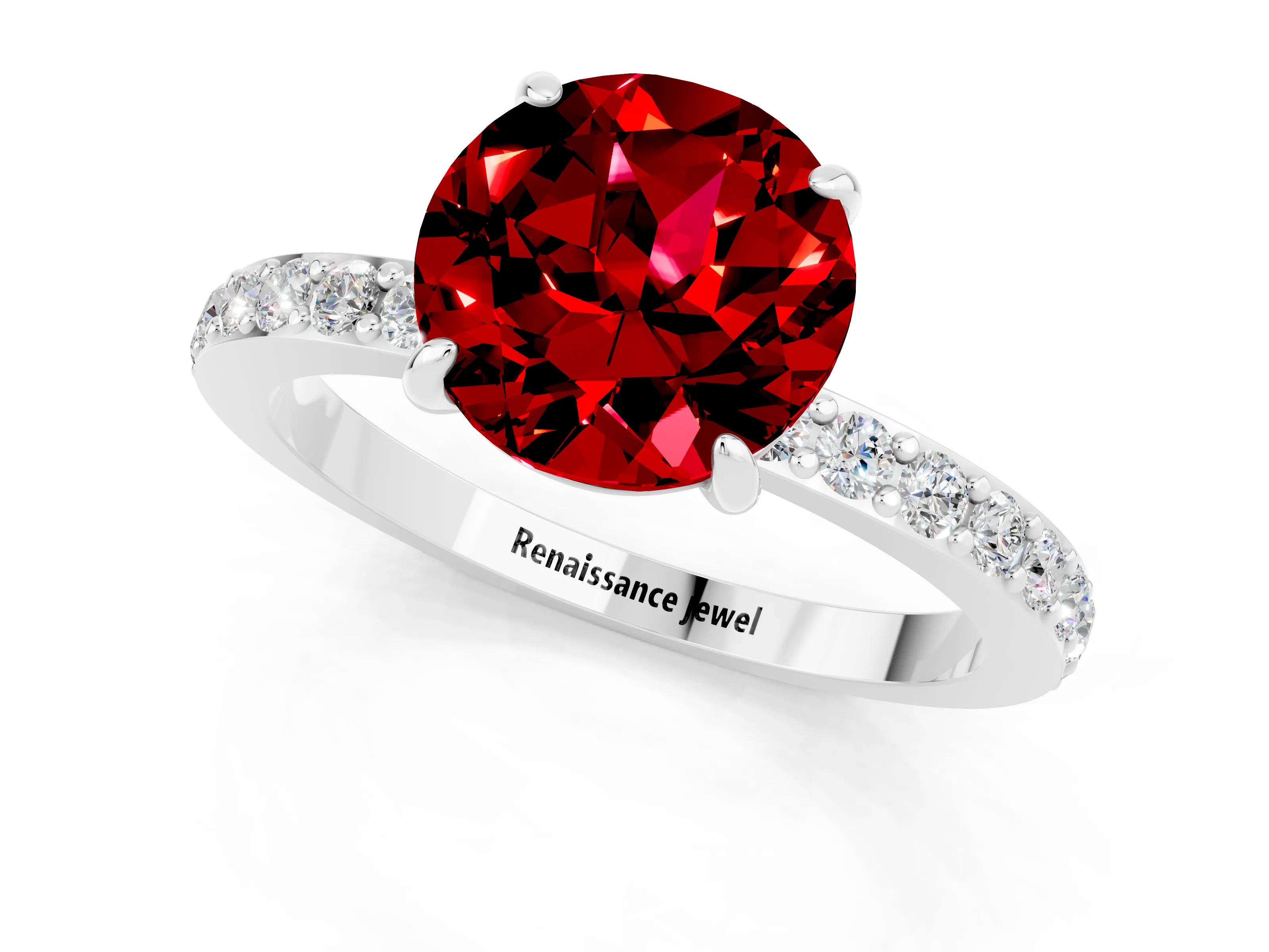 White gold Round Cut Ruby Ring with Pavé Band and Four-Prong Setting_1