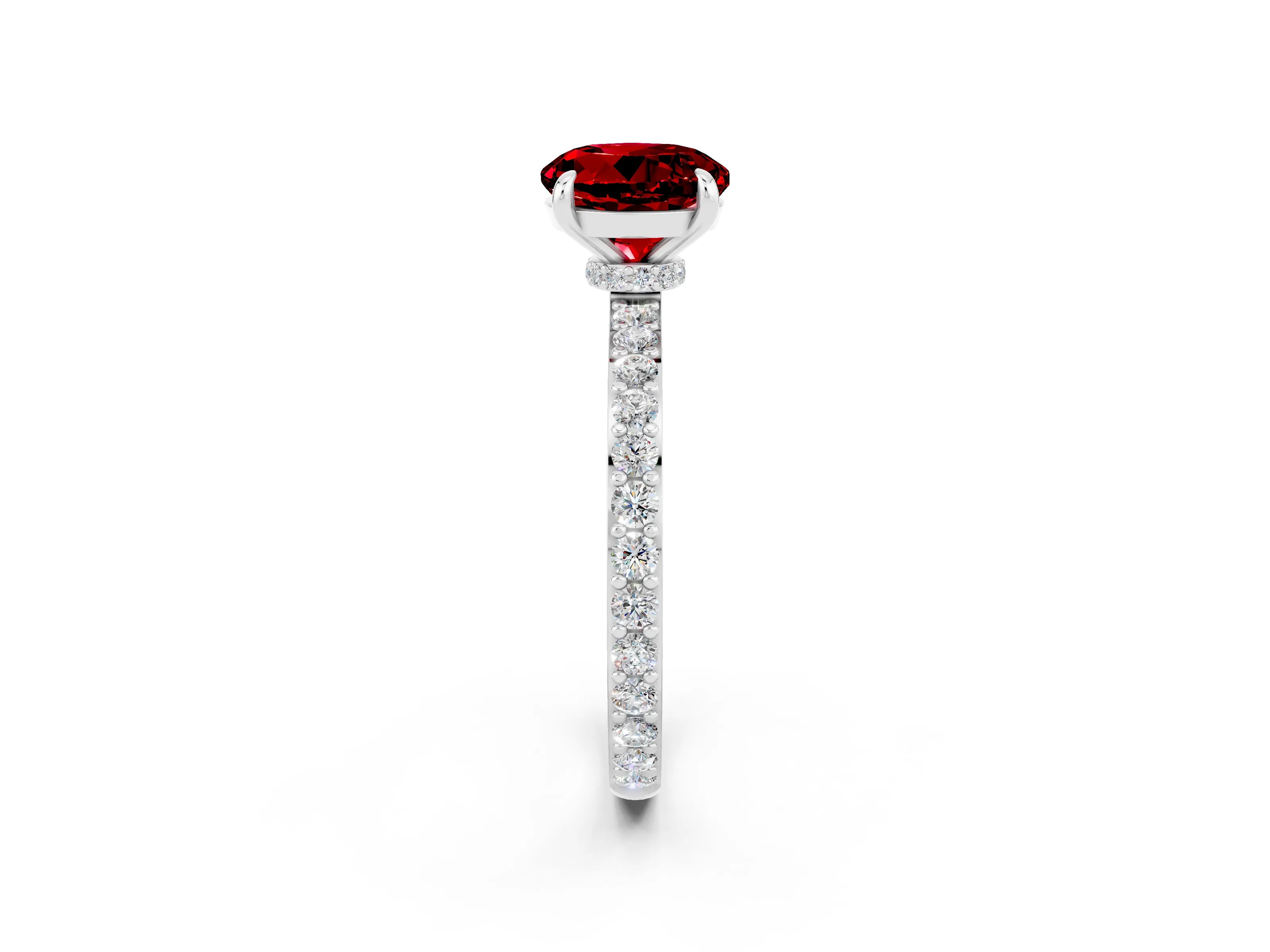 White gold Round Cut Ruby Ring with Pavé Band and Four-Prong Setting_2