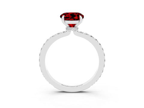 White gold Round Cut Ruby Ring with Pavé Band and Four-Prong Setting_3
