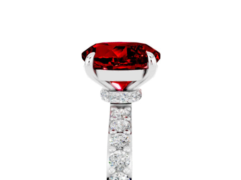 White gold Round Cut Ruby Ring with Pavé Band and Four-Prong Setting_5