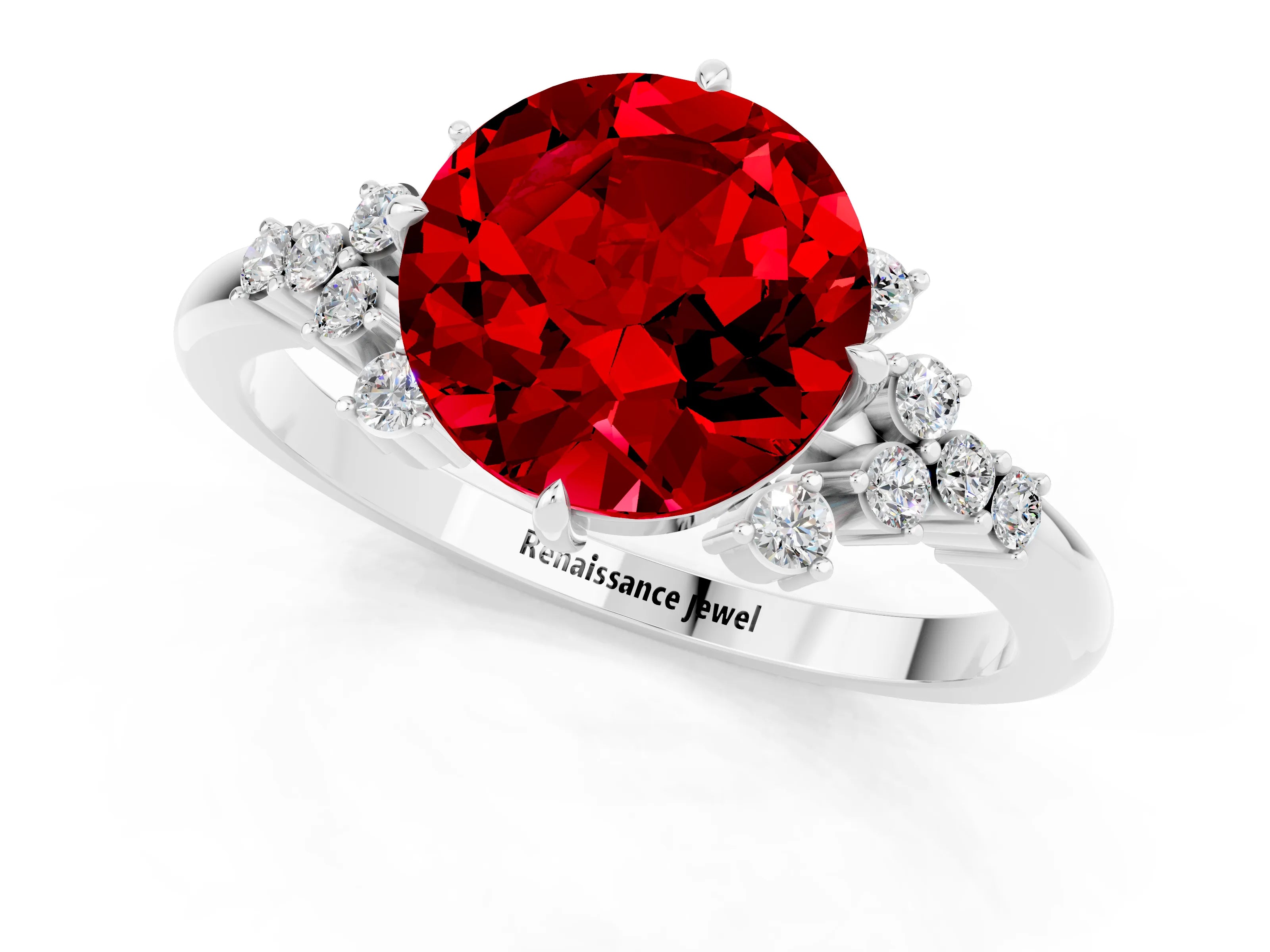 White gold Round Cut Ruby Ring with Side Stones and Four-Prong Setting_37