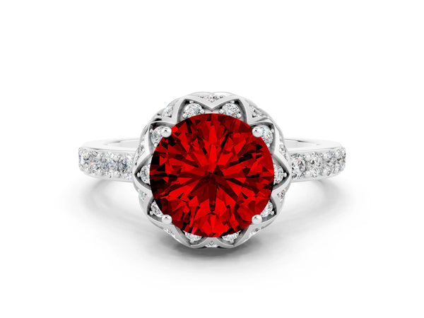 White gold Round Cut Ruby Scalloped Halo Engagement Ring with Round Shared Prong Band