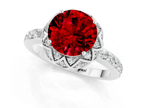 Platinum Round Cut Ruby Scalloped Halo Engagement Ring with Round Shared Prong Band
