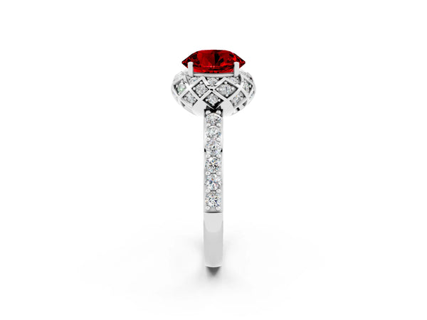 Silver Round Cut Ruby Scalloped Halo Engagement Ring with Round Shared Prong Band