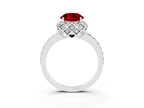 Platinum Round Cut Ruby Scalloped Halo Engagement Ring with Round Shared Prong Band
