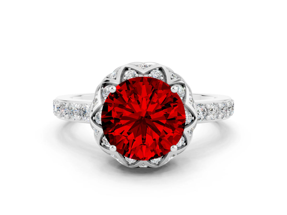 White gold Round Cut Ruby Scalloped Halo Engagement Ring with Round Shared Prong Band_24