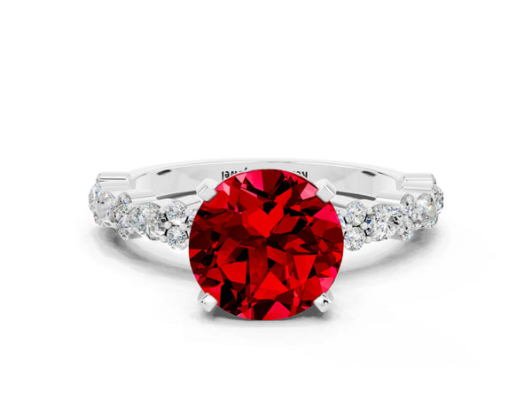 White gold Round Cut Ruby Side Stone Solitaire Ring with Round  and Four-Prong Setting