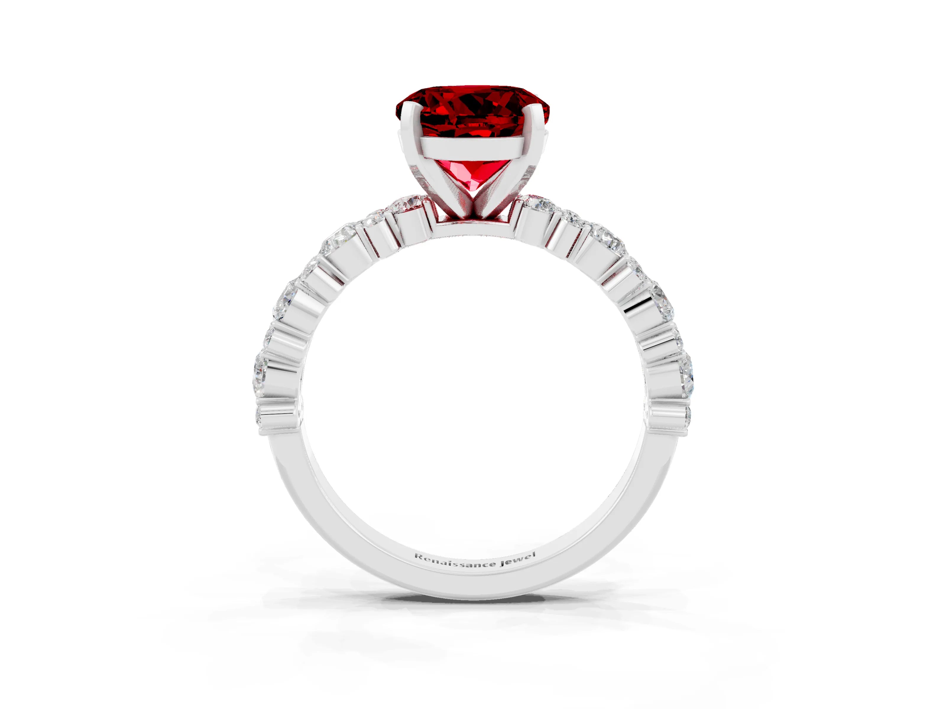White gold Round Cut Ruby Side Stone Solitaire Ring with Round  and Four-Prong Setting_69