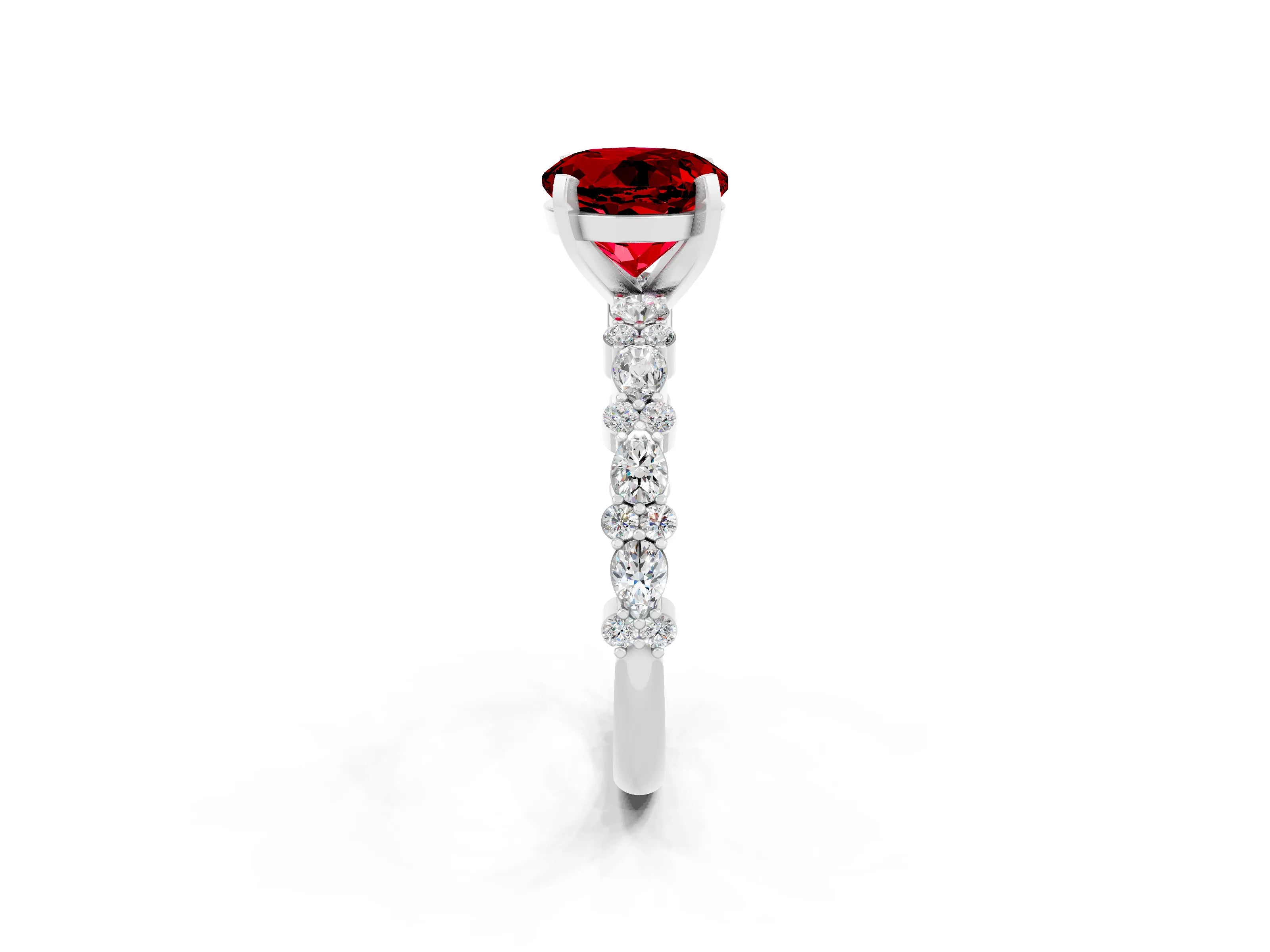 White gold Round Cut Ruby Side Stone Solitaire Ring with Round  and Four-Prong Setting_71