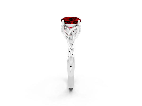 White gold Round Cut Ruby Solitaire Celtic Knot Ring with Four-Prong Setting