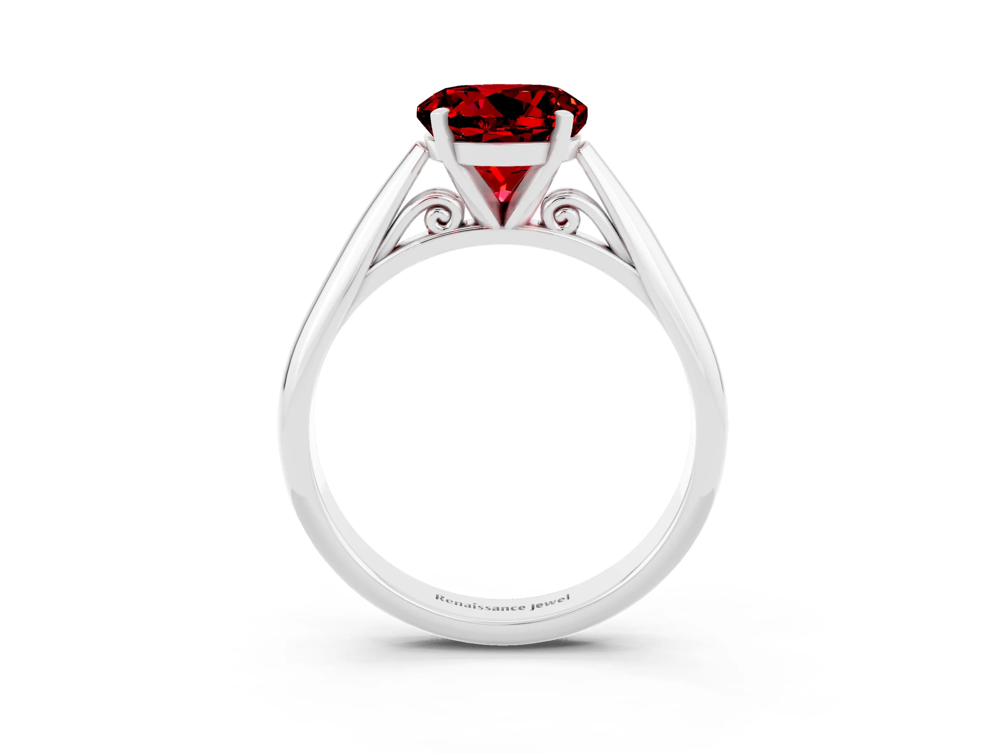 White gold Round Cut Ruby Solitaire Engagement Ring with Cathedral Setting and Four-Prong Mount_15