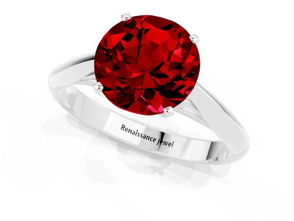 White gold Round Cut Ruby Solitaire Engagement Ring with Cathedral Setting and Four-Prong Mount