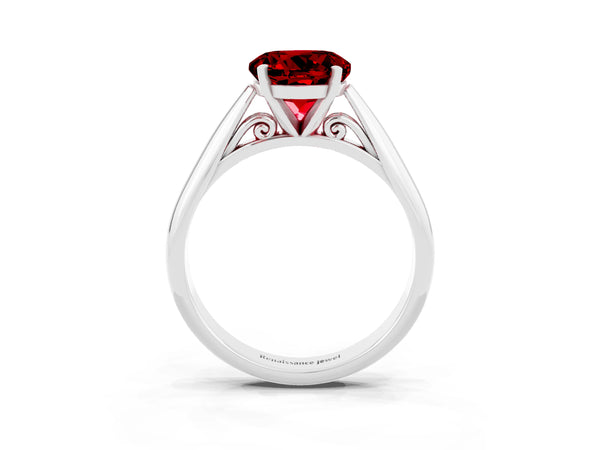 White gold Round Cut Ruby Solitaire Engagement Ring with Cathedral Setting and Four-Prong Mount