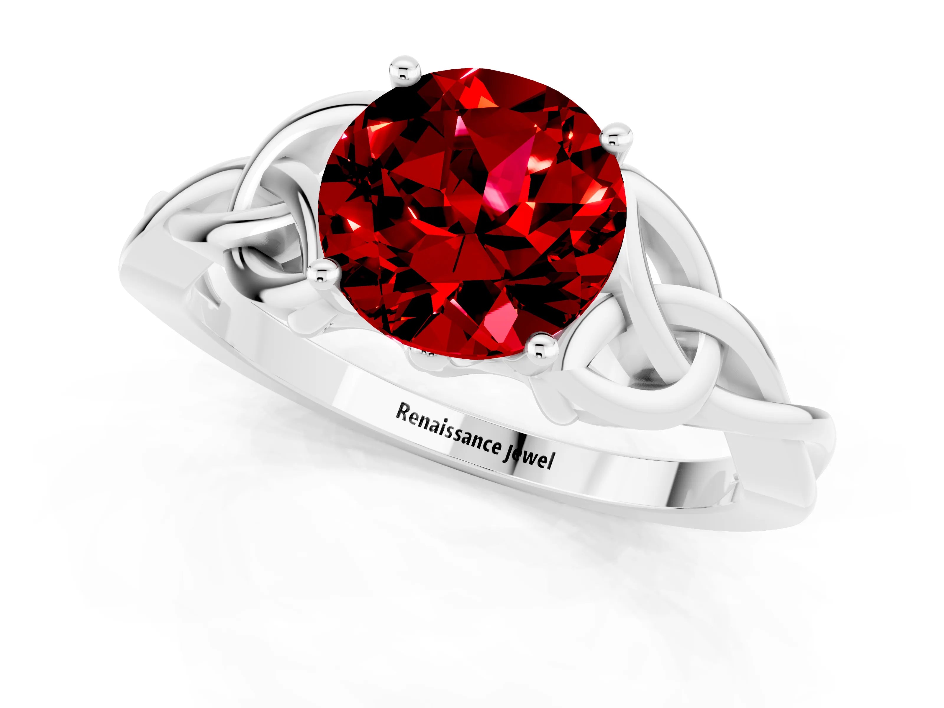 White gold Round Cut Ruby Solitaire Engagement Ring with Celtic Knot Band and Four-Prong Setting_1