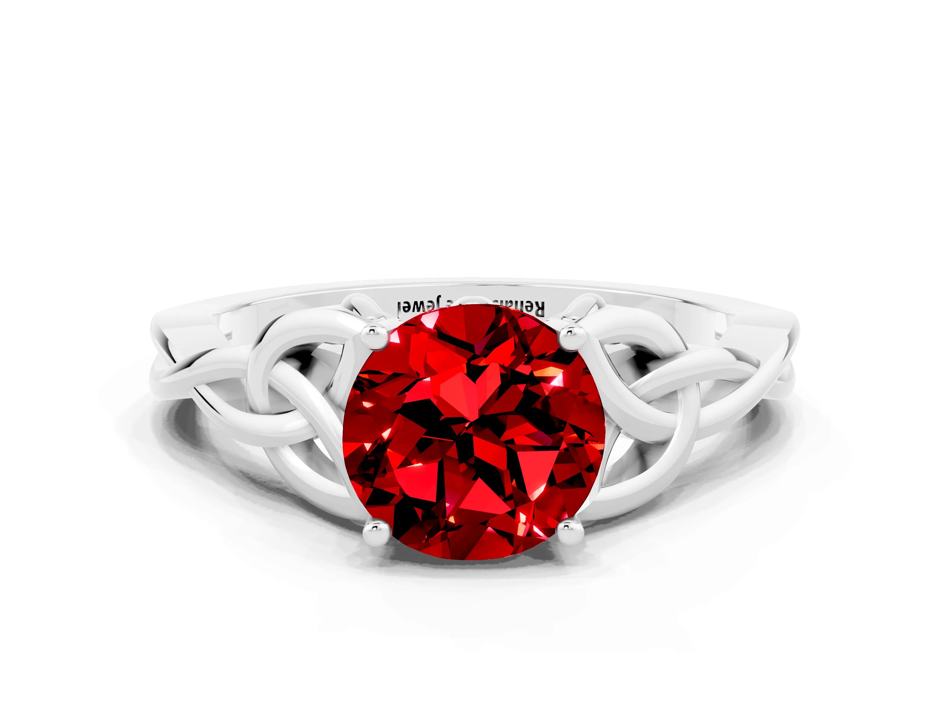 White gold Round Cut Ruby Solitaire Engagement Ring with Celtic Knot Band and Four-Prong Setting