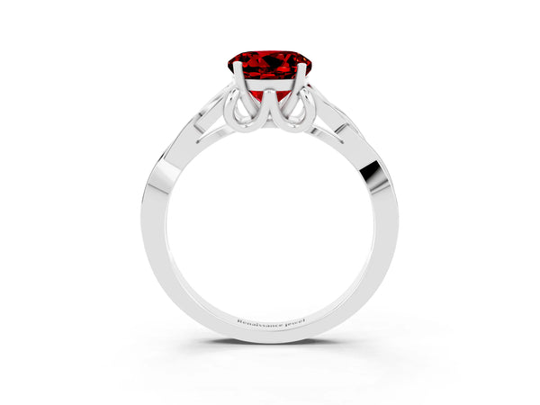 Silver Round Cut Ruby Solitaire Engagement Ring with Celtic Knot Band and Four-Prong Setting