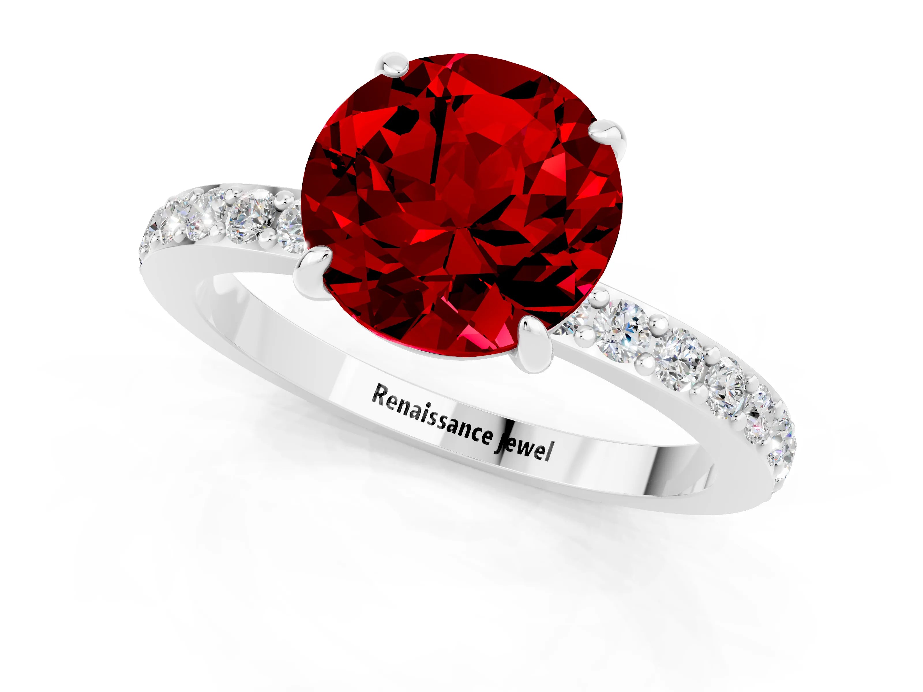 White gold Round Cut Ruby Solitaire Engagement Ring with Pavé Band and Four-Prong Setting_1