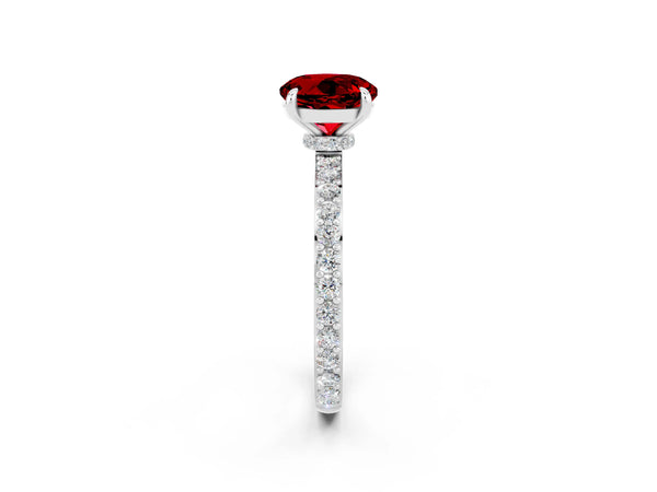 Platinum Round Cut Ruby Solitaire Engagement Ring with Pavé Band and Four-Prong Setting