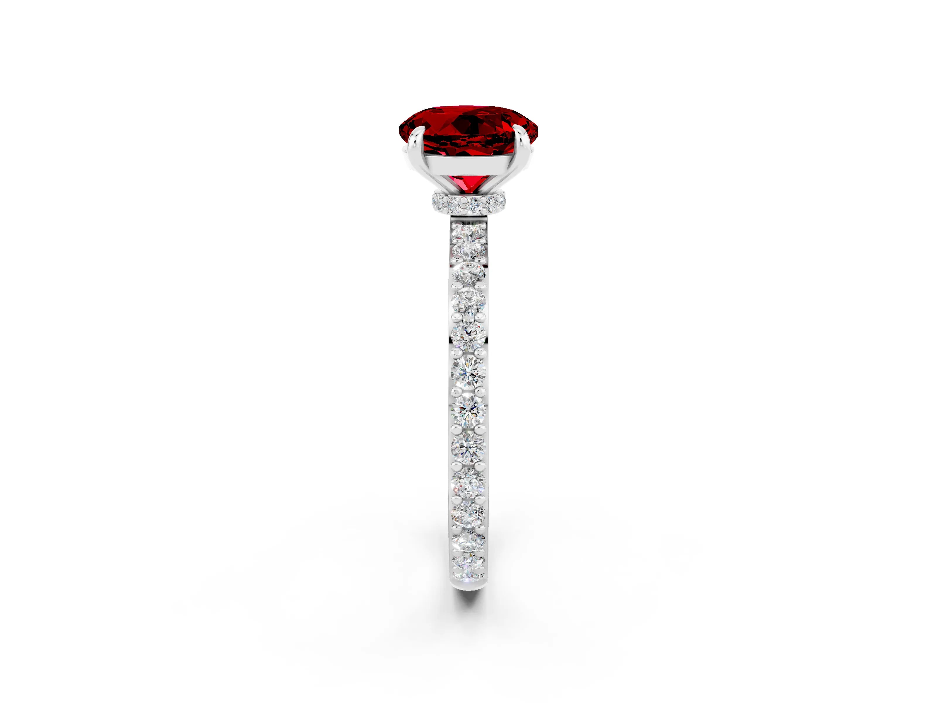 White gold Round Cut Ruby Solitaire Engagement Ring with Pavé Band and Four-Prong Setting_2