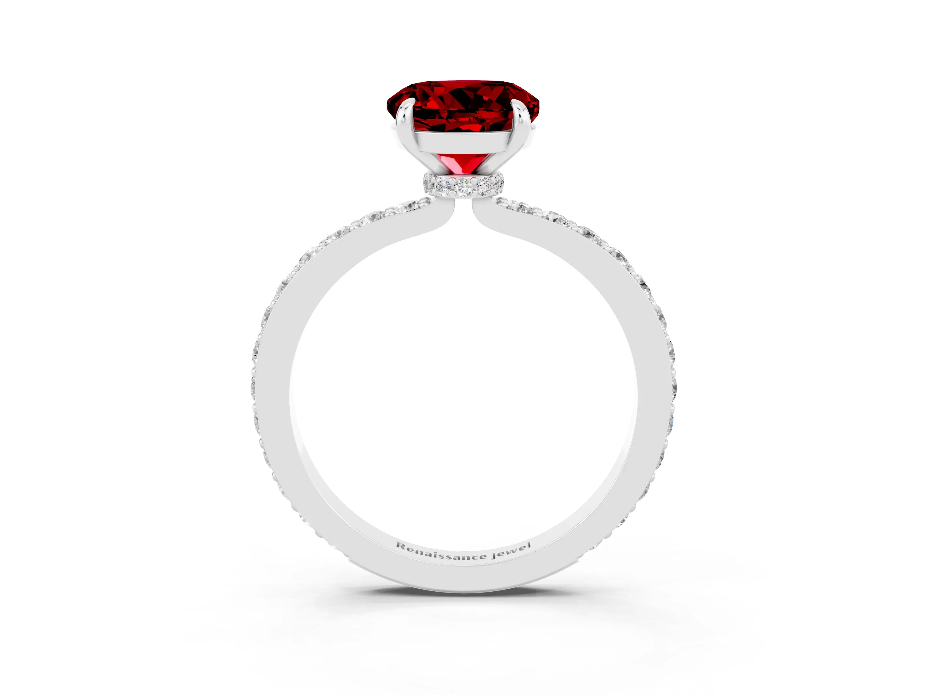 White gold Round Cut Ruby Solitaire Engagement Ring with Pavé Band and Four-Prong Setting_3