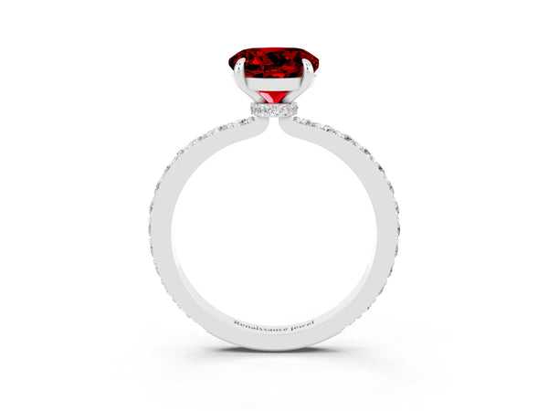 White gold Round Cut Ruby Solitaire Engagement Ring with Pavé Band and Four-Prong Setting