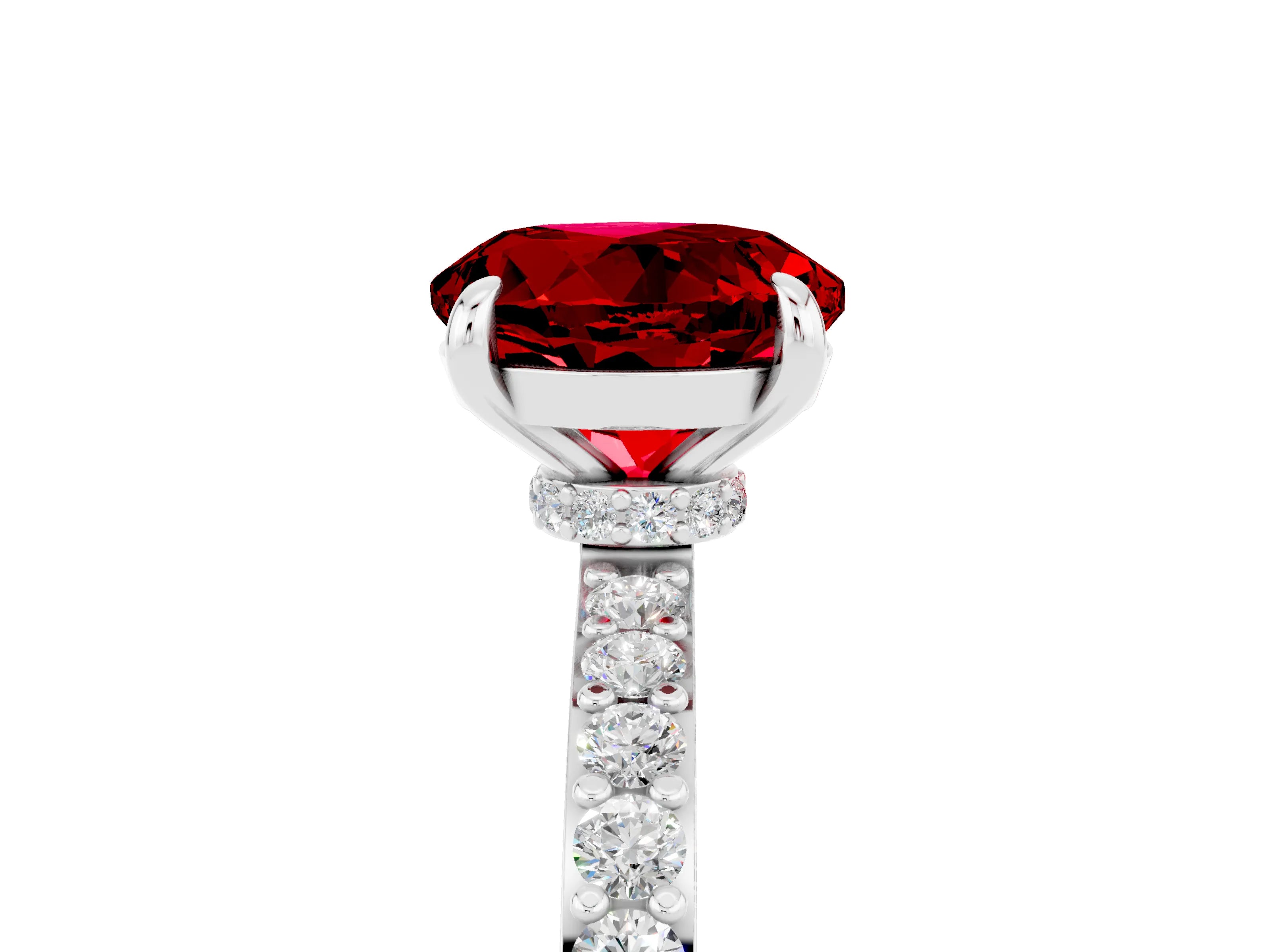 White gold Round Cut Ruby Solitaire Engagement Ring with Pavé Band and Four-Prong Setting_5