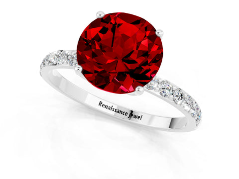 White gold Round Cut Ruby Solitaire Engagement Ring with Pavé Band and Prong Setting_1