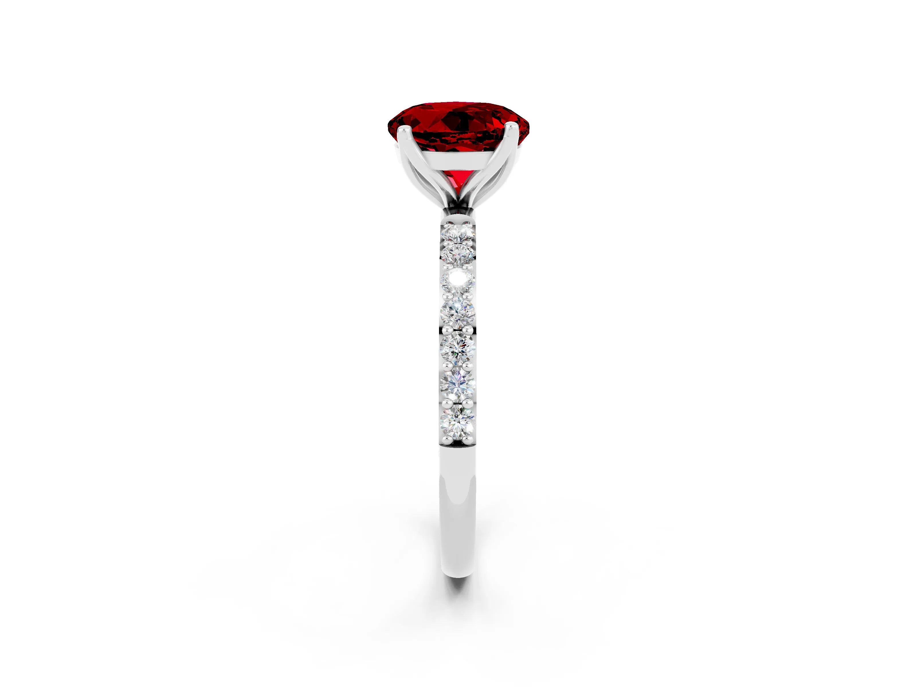 White gold Round Cut Ruby Solitaire Engagement Ring with Pavé Band and Prong Setting_2