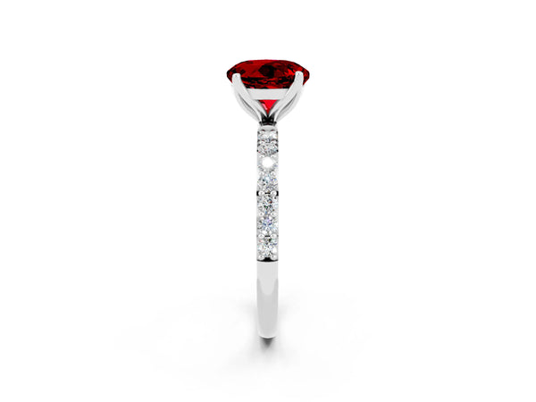 Platinum Round Cut Ruby Solitaire Engagement Ring with Round  Pavé Band and Prong Setting