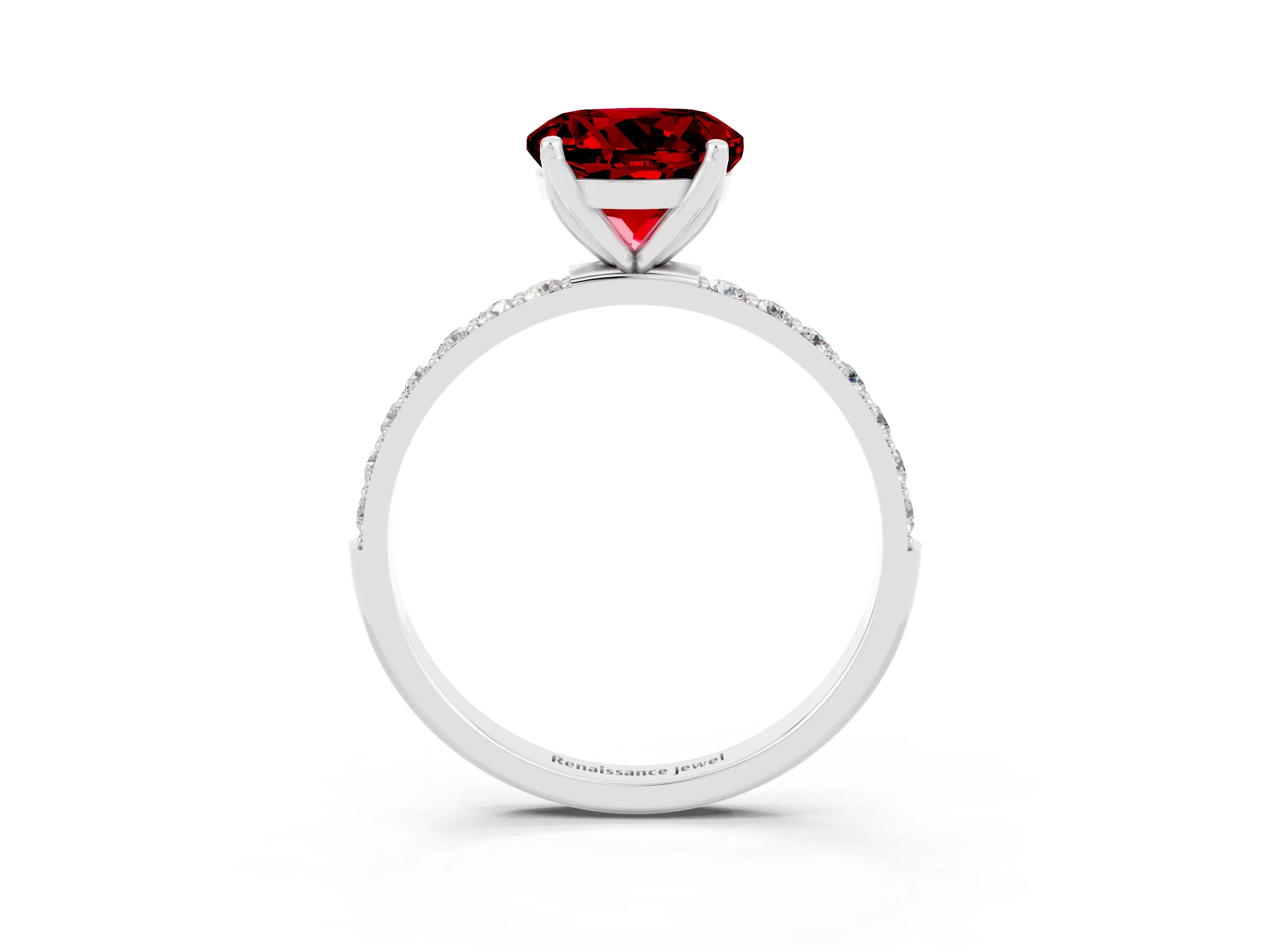 White gold Round Cut Ruby Solitaire Engagement Ring with Pavé Band and Prong Setting_3