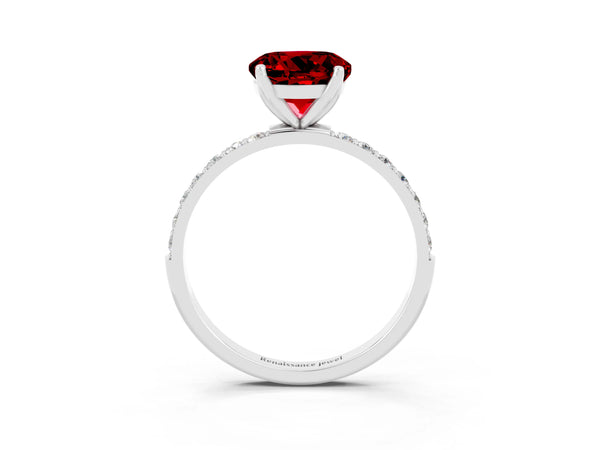 Silver Round Cut Ruby Solitaire Engagement Ring with Round  Pavé Band and Prong Setting