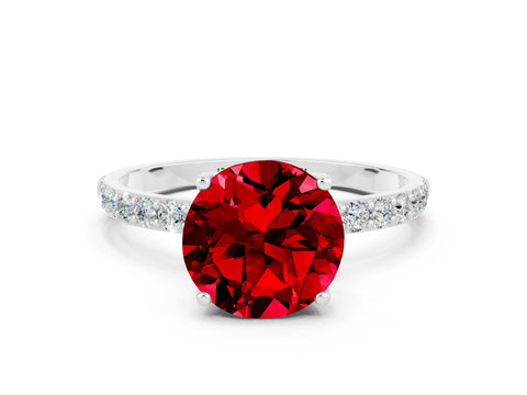 White gold Round Cut Ruby Solitaire Engagement Ring with Pavé Band and Prong Setting