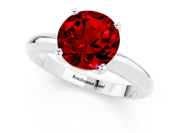 Silver Round Cut Ruby Solitaire Engagement Ring with Round Band and Four-Prong Setting