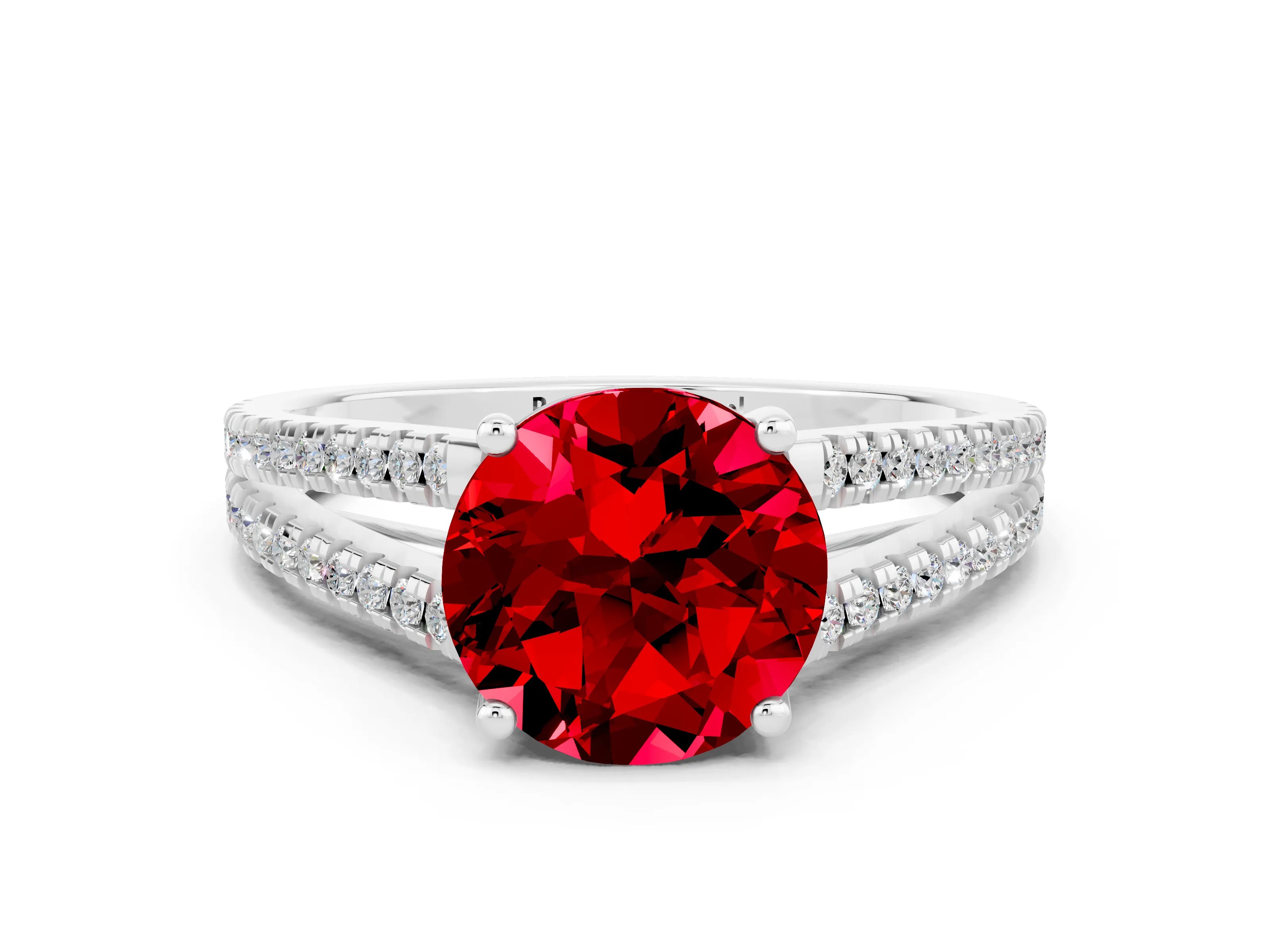White gold Round Cut Ruby Solitaire Engagement Ring with Split Shank Pavé Band