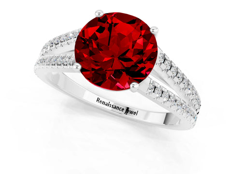 White gold Round Cut Ruby Solitaire Engagement Ring with Split Shank Pavé Band_1