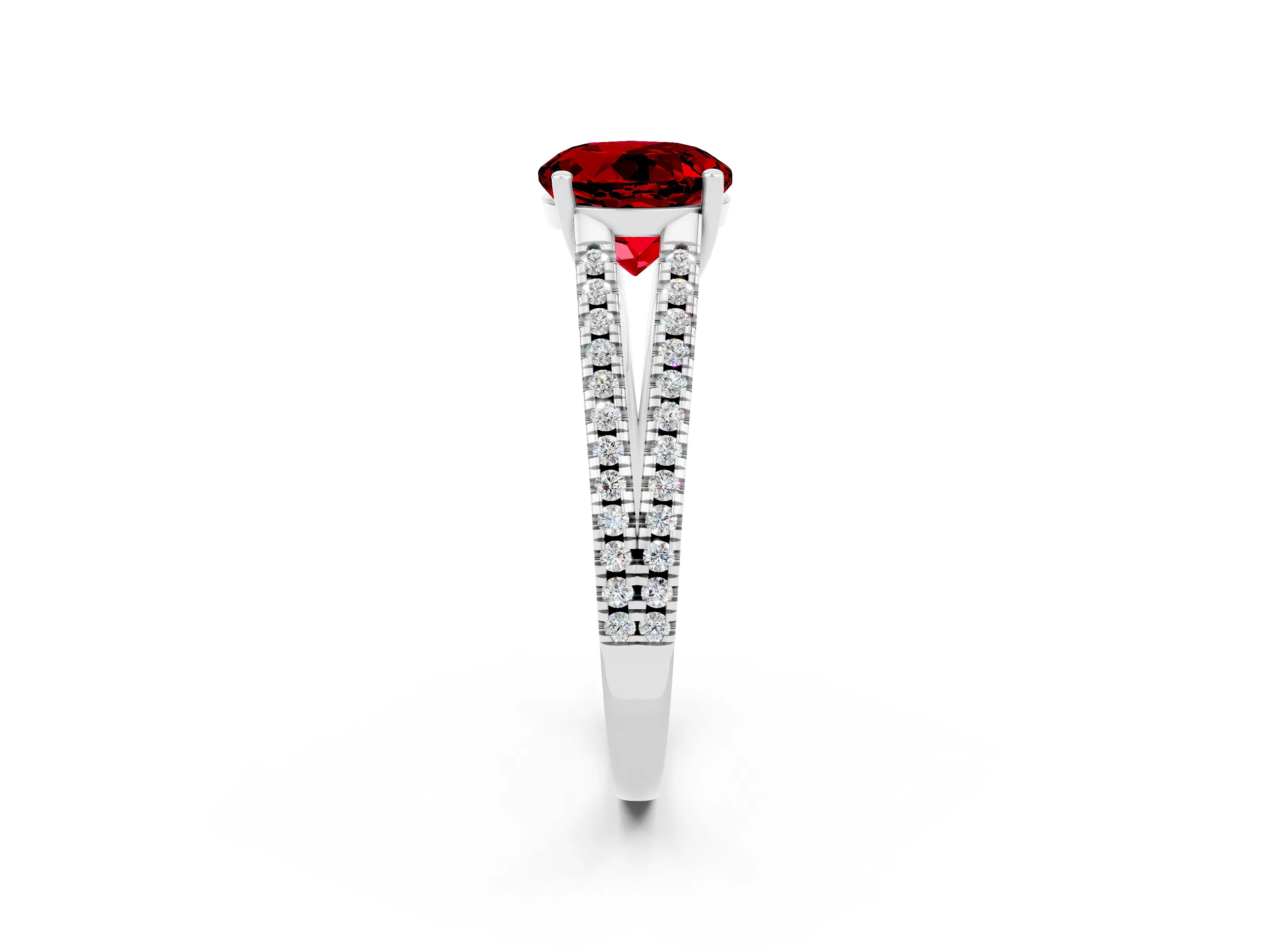 White gold Round Cut Ruby Solitaire Engagement Ring with Split Shank Pavé Band_2
