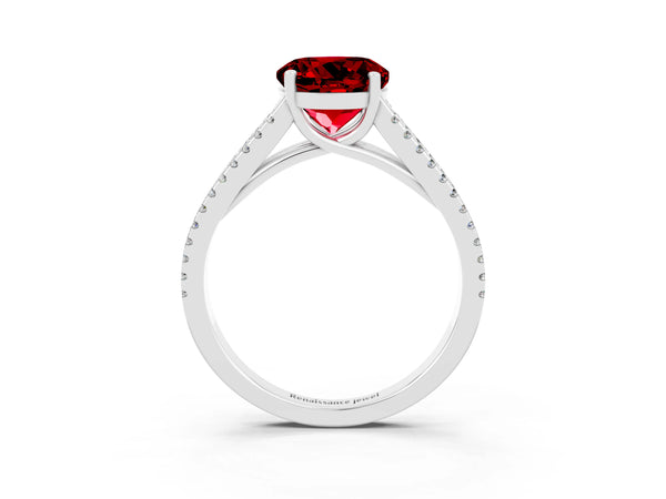 White gold Round Cut Ruby Solitaire Engagement Ring with Split Shank Pavé Band