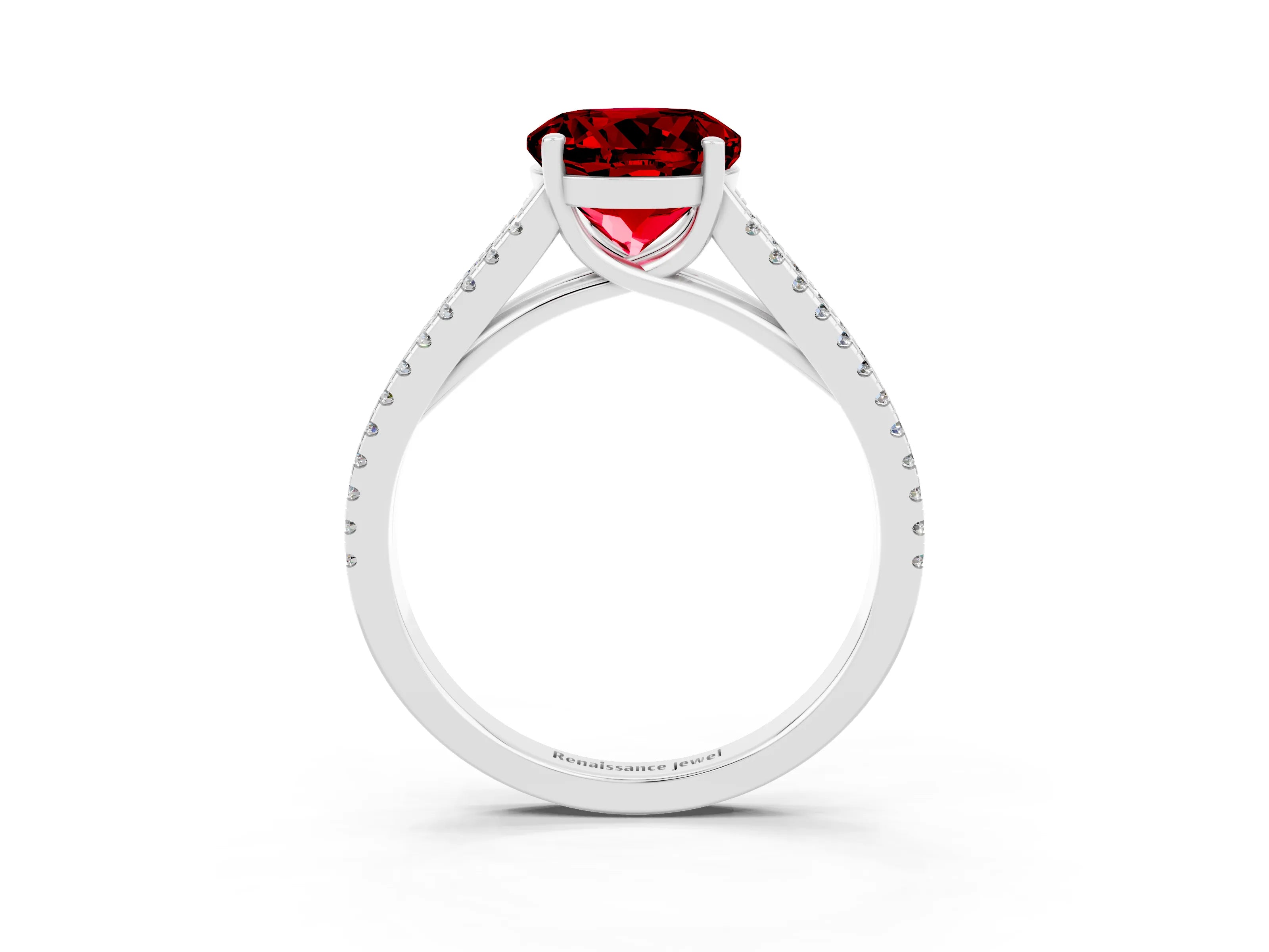 White gold Round Cut Ruby Solitaire Engagement Ring with Split Shank Pavé Band_3