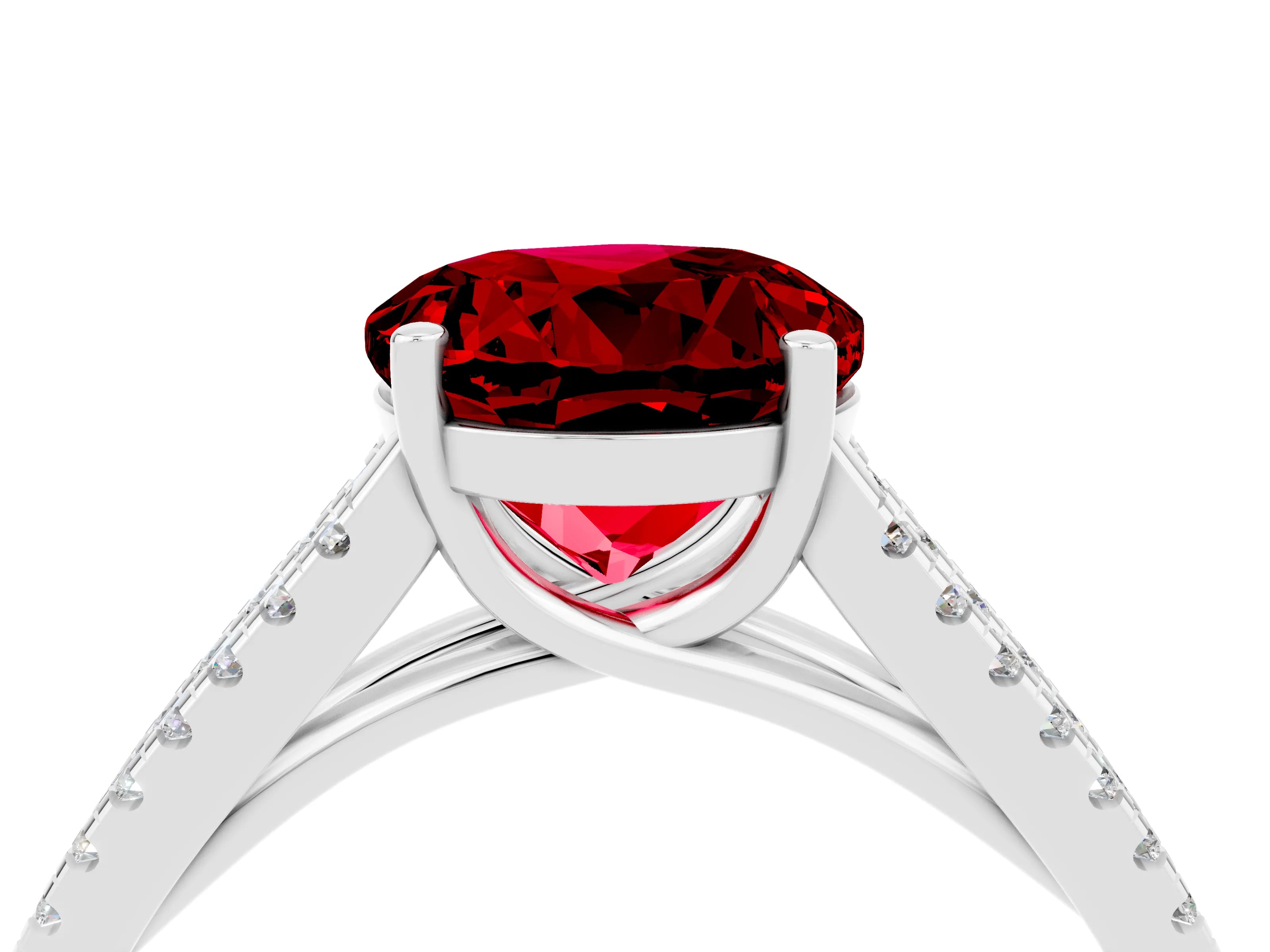 White gold Round Cut Ruby Solitaire Engagement Ring with Split Shank Pavé Band_4