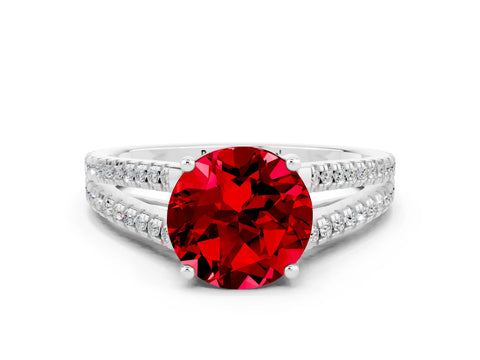 White gold Round Cut Ruby Solitaire Engagement Ring with Split Shank Pavé Band
