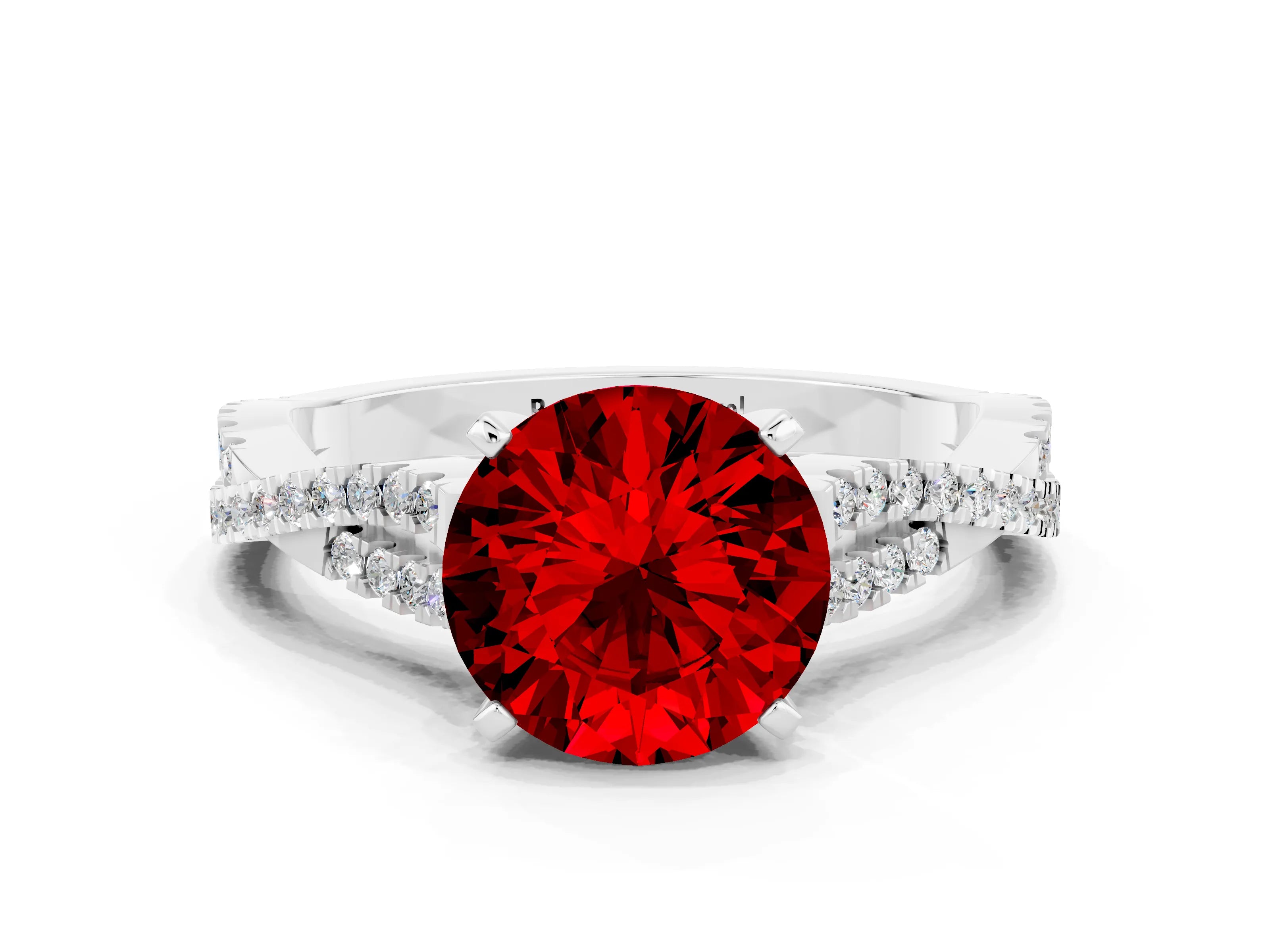 White gold Round Cut Ruby Solitaire Engagement Ring with Twisted Pavé Band and Four-Prong Setting_12