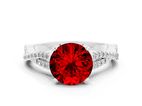 Silver Round Cut Ruby Solitaire Engagement Ring with Twisted Pavé Band and Four-Prong Setting