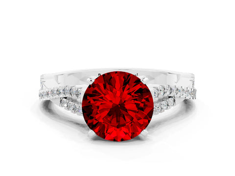 White gold Round Cut Ruby Solitaire Engagement Ring with Twisted Pavé Band and Four-Prong Setting_12