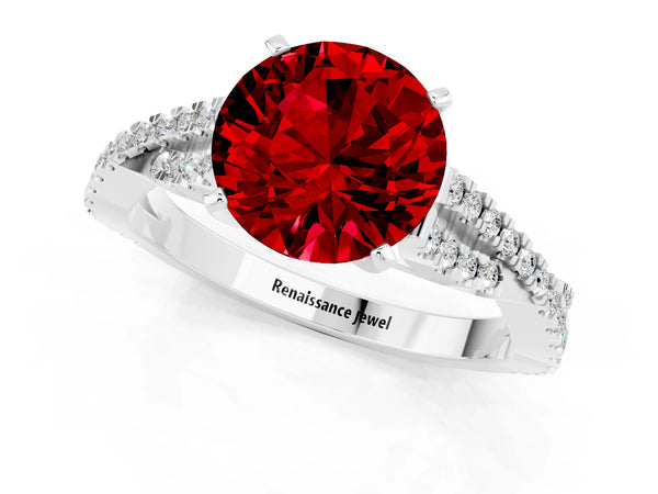 White gold Round Cut Ruby Solitaire Engagement Ring with Twisted Pavé Band and Four-Prong Setting