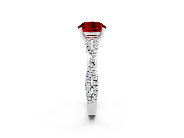Platinum Round Cut Ruby Solitaire Engagement Ring with Twisted Pavé Band and Four-Prong Setting