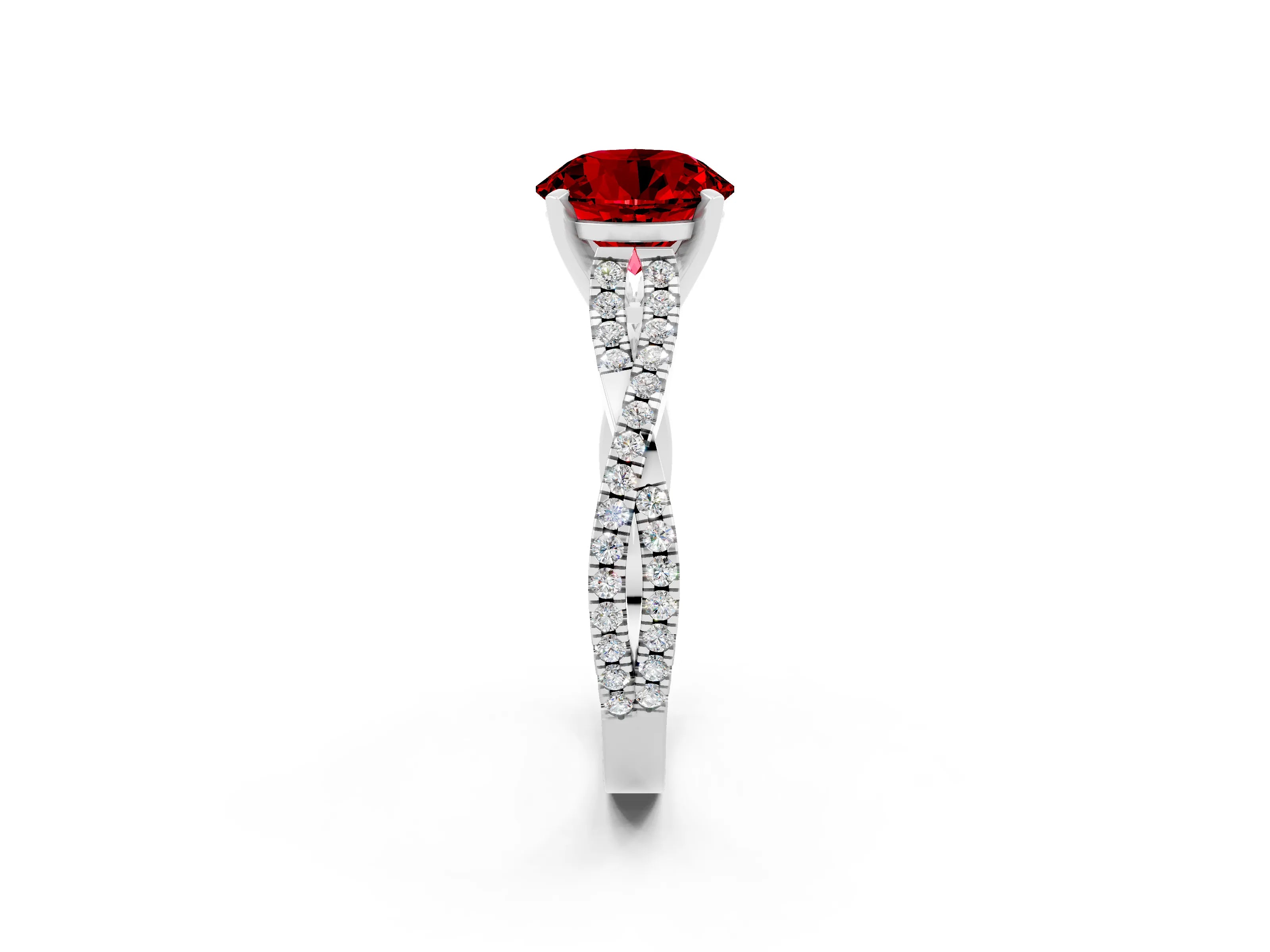 White gold Round Cut Ruby Solitaire Engagement Ring with Twisted Pavé Band and Four-Prong Setting_14