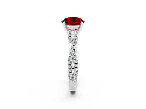 White gold Round Cut Ruby Solitaire Engagement Ring with Twisted Pavé Band and Four-Prong Setting_14