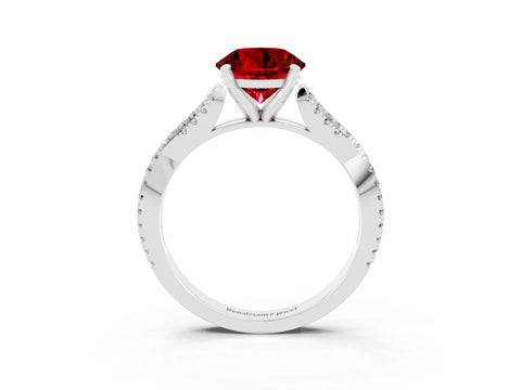 White gold Round Cut Ruby Solitaire Engagement Ring with Twisted Pavé Band and Four-Prong Setting_15