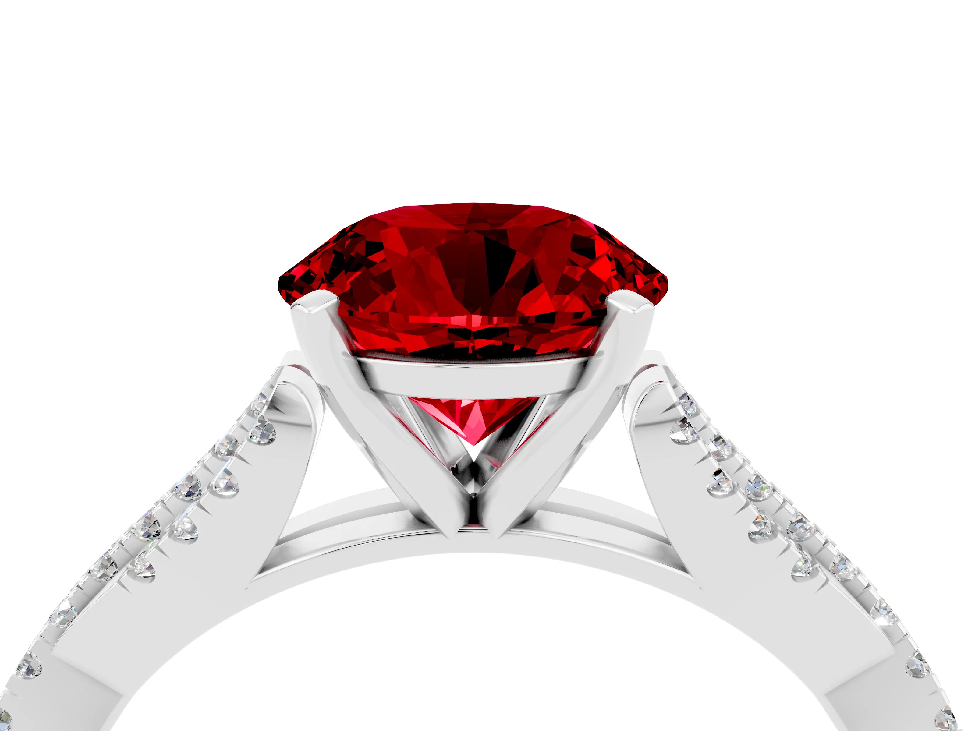 White gold Round Cut Ruby Solitaire Engagement Ring with Twisted Pavé Band and Four-Prong Setting_16